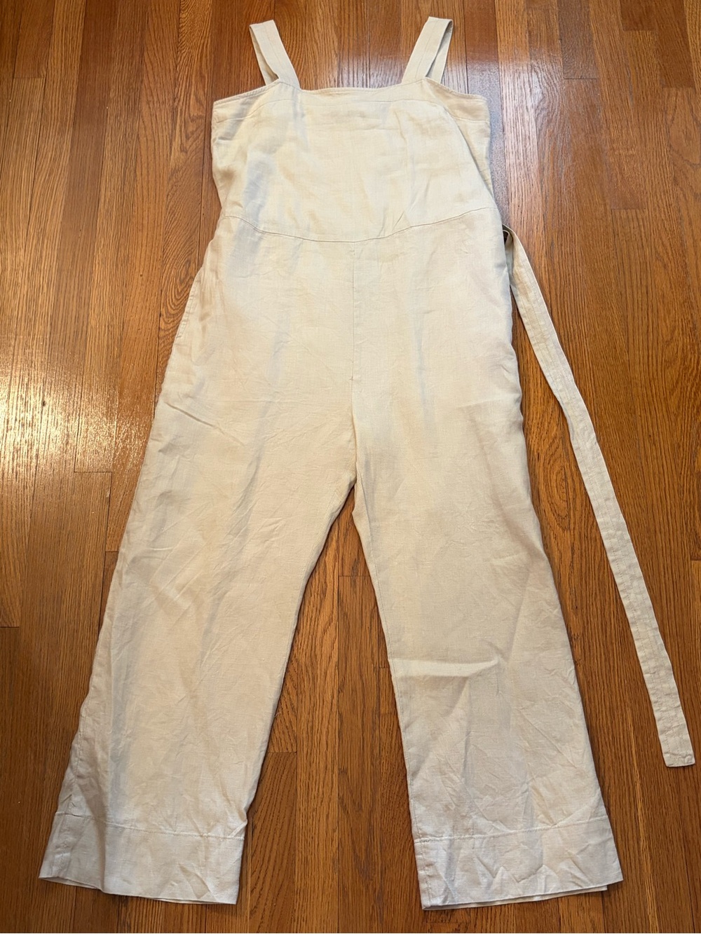 Quince 100% European Linen Square Neck Tie Waist Jumpsuit Driftwood Small